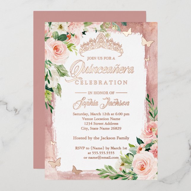 Blush Pink Rose Gold Quinceanera Floral Butterfly  Foil Invitation (Front/Back)
