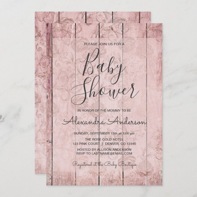 Blush Pink - Rose Gold Rustic Baby Shower Invitation (Front/Back)
