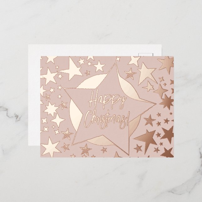 Blush Pink Rose Gold Script Happy Christmas Stars Foil Holiday Postcard (Front/Back)