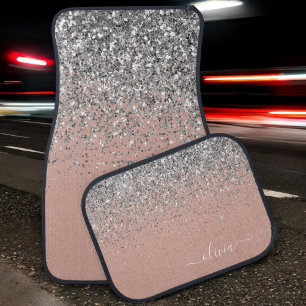 Blush Pink Rose Gold Silver Glitter Monogram Car Floor Mat