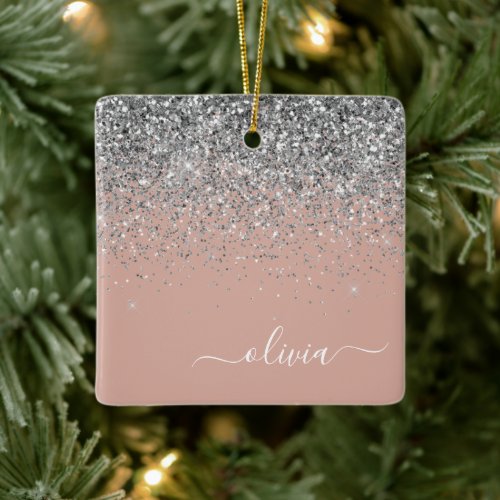 Blush Pink Rose Gold Silver Glitter Monogram Ceramic Ornament