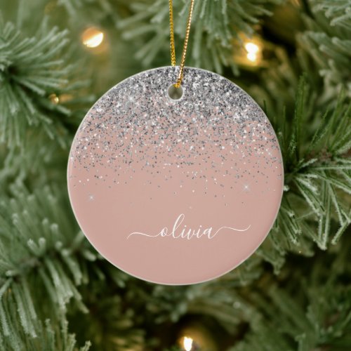 Blush Pink Rose Gold Silver Glitter Monogram Ceramic Ornament