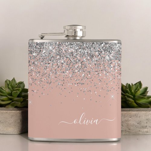 Blush Pink Rose Gold Silver Glitter Monogram Flask