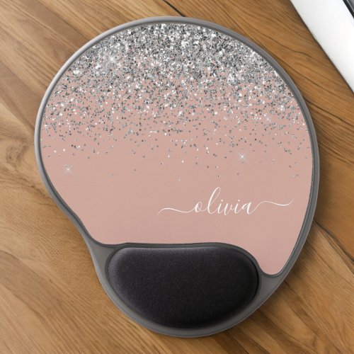 Blush Pink Rose Gold Silver Glitter Monogram Gel Mouse Pad