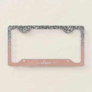 Blush Pink Rose Gold Silver Glitter Monogram License Plate Frame