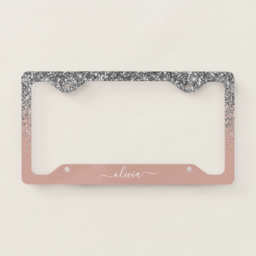 Blush Pink Rose Gold Silver Glitter Monogram License Plate Frame