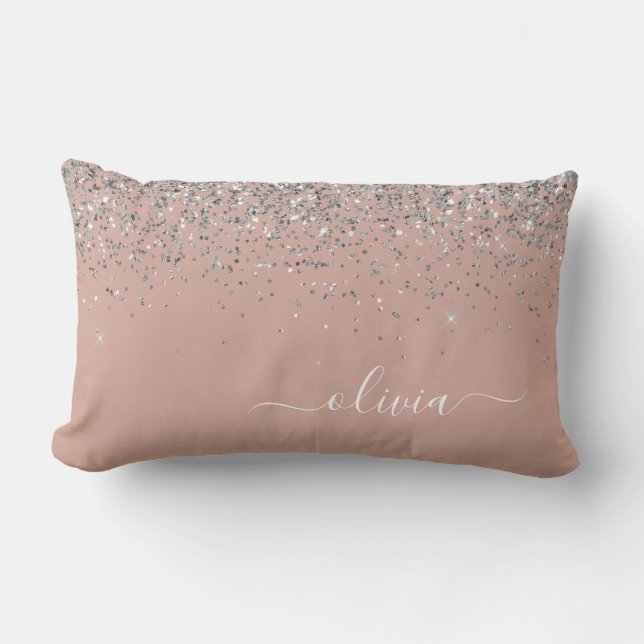 Blush Pink Rose Gold Silver Glitter Monogram Lumbar Pillow (Front)