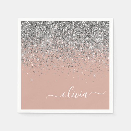 Blush Pink Rose Gold Silver Glitter Monogram Napkins