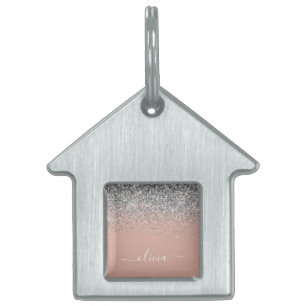 Blush Pink Rose Gold Silver Glitter Monogram Pet ID Tag