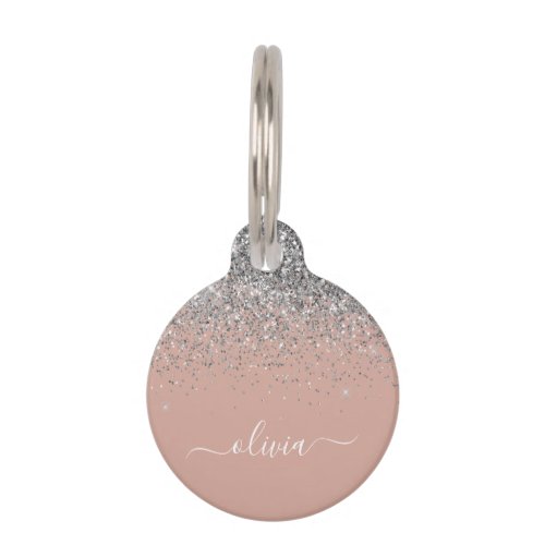 Blush Pink Rose Gold Silver Glitter Monogram Pet ID Tag