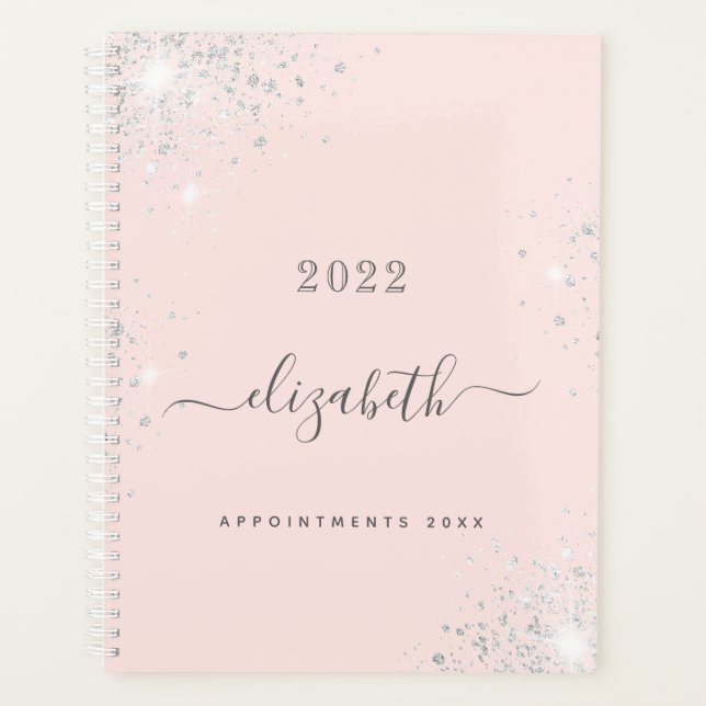 Blush pink rose gold silver glitter monogram planner (Front)