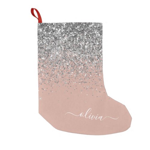 Blush Pink Rose Gold Silver Glitter Monogram Small Christmas Stocking