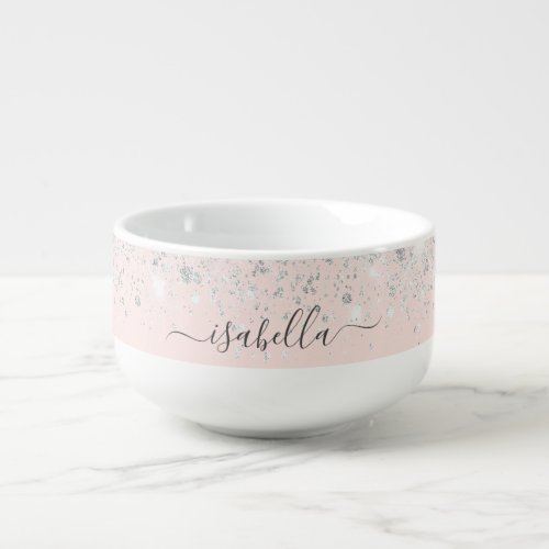 Blush pink rose gold silver glitter name soup mug