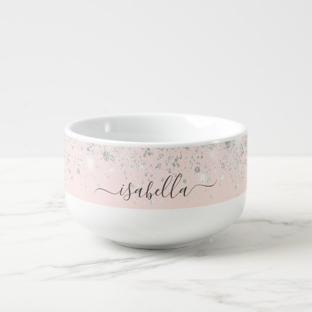 Blush pink rose gold silver glitter name soup mug (Front)