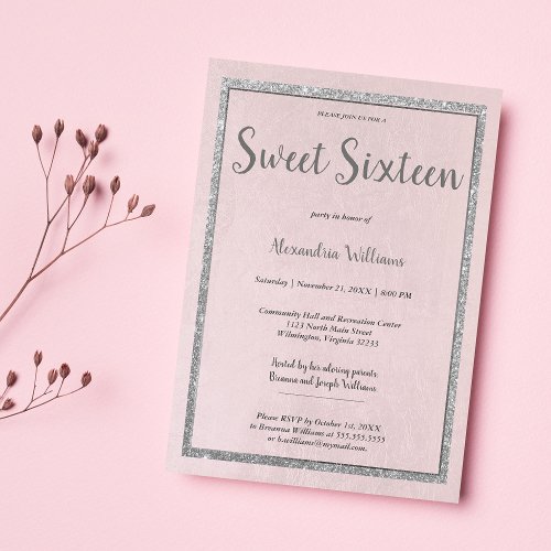 Blush pink rose gold silver glitter Sweet Sixteen Invitation