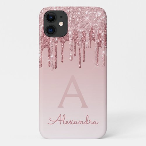 Blush Pink _ Rose Gold Sparkle Glitter Monogram iPhone 11 Case