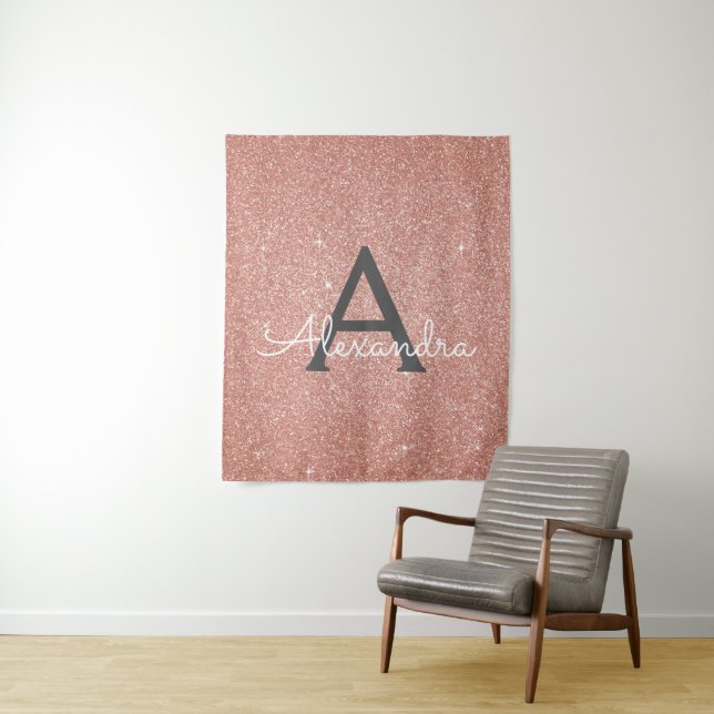 Blush Pink - Rose Gold Sparkle Glitter Monogram Tapestry (In Situ)