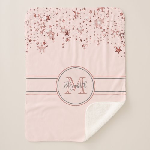 Blush pink rose gold stars monogram name sherpa blanket