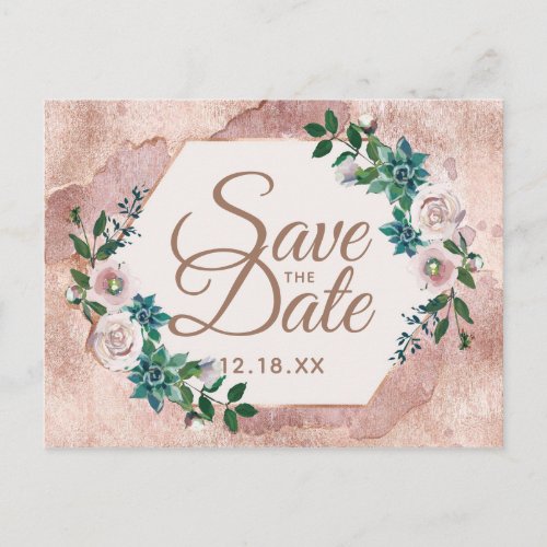 Blush Pink Rose Gold Succulents Save the Date Announcement Postcard