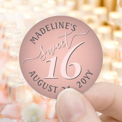 Blush Pink Rose Gold Sweet 16 Birthday Party Favor Classic Round Sticker
