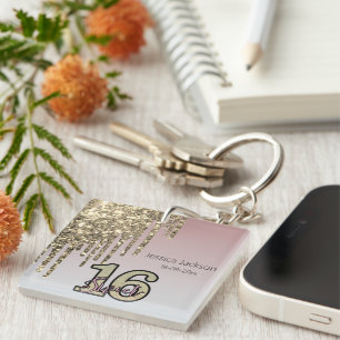 Blush Pink  Rose Gold Sweet Sixteen Keychain