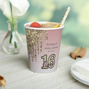 Blush Pink  Rose Gold Sweet Sixteen Paper Cups