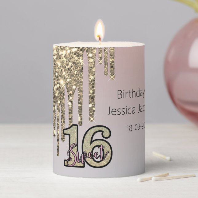 Blush Pink  Rose Gold Sweet Sixteen Pillar Candle (In Situ)