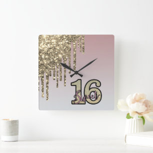 Blush Pink Rose Gold Sweet Sixteen Square Wall Clock