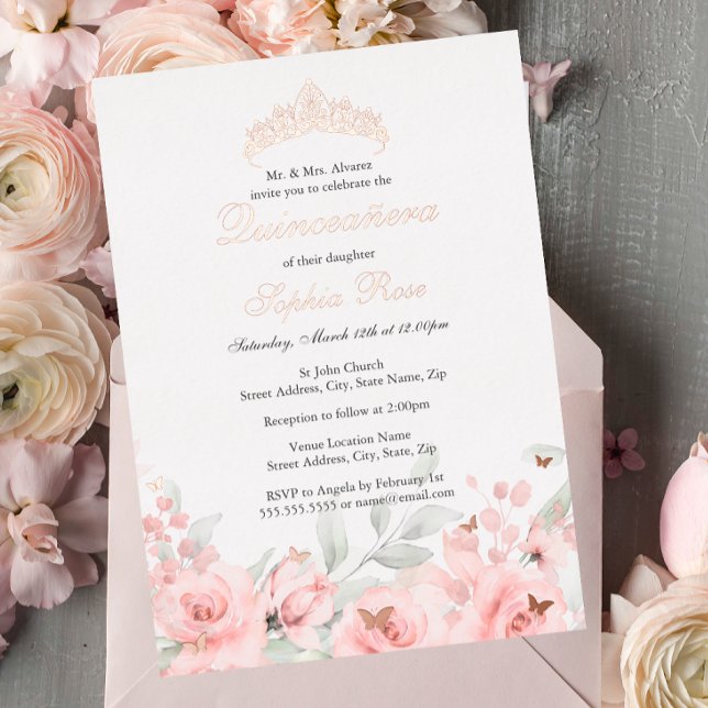 Blush Pink Rose Gold Tiara Quinceanera Foil Invitation (Creator Uploaded)
