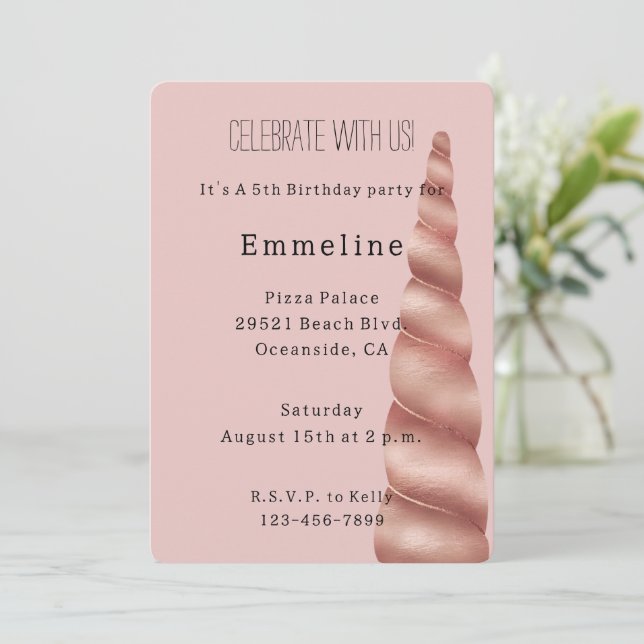 Blush Pink Rose Gold Unicorn Birthday Invitation (Standing Front)