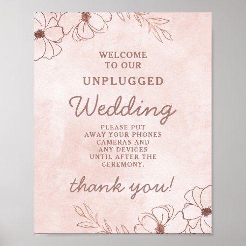 Blush Pink Rose Gold Unplugged Wedding Table Sign