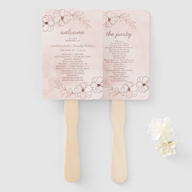 Blush Pink & Rose Gold Wedding Ceremony Program Hand Fan (Front and Back)
