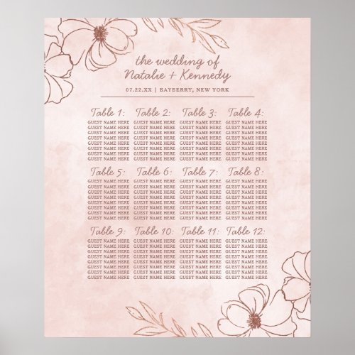 Blush Pink  Rose Gold Wedding Table Seating Chart