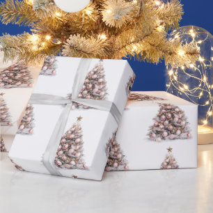 Blush Pink Rose Gold White Christmas Trees Wrapping Paper