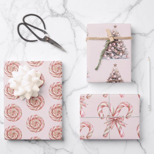 Blush Pink Rose Gold White Peppermints Christmas   Wrapping Paper Sheets (Front)