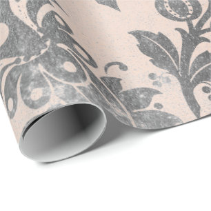 Blush Pink Rose Gray Floral Powder Grungy Damask Wrapping Paper