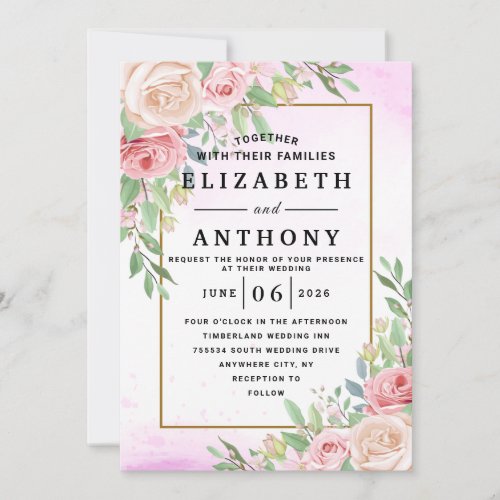 Blush Pink Rose Greenery Eucalyptus Floral Wedding Invitation