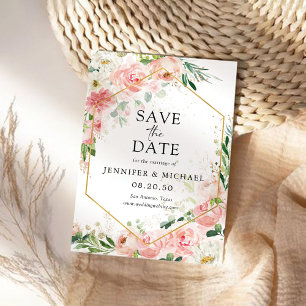 Blush Pink Rose Hexagon Save The Date Cards