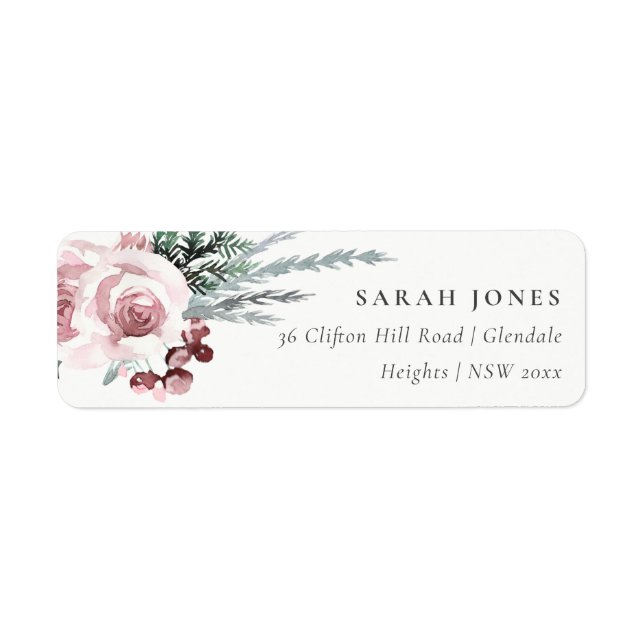 BLUSH PINK ROSE HOLLY BERRY NEW YEAR  ADDRESS LABEL (Front)
