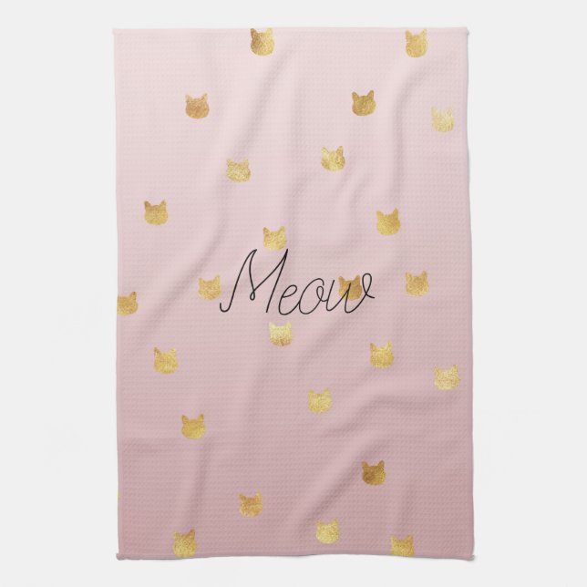 Blush Pink Rose Ombre Gold Cats Kitchen Towel (Vertical)