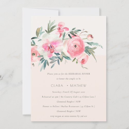 Blush Pink Rose Orchid Floral Rehearsal Dinner Invitation