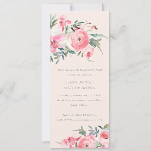 Blush Pink Rose Orchid Watercolor Flora Engagement Invitation