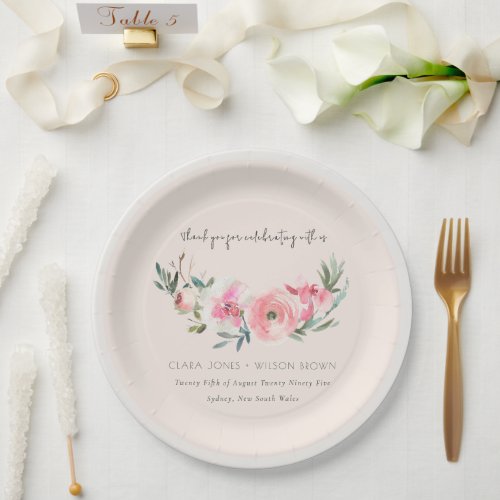 Blush Pink Rose Orchid Watercolor Floral Wedding Paper Plates