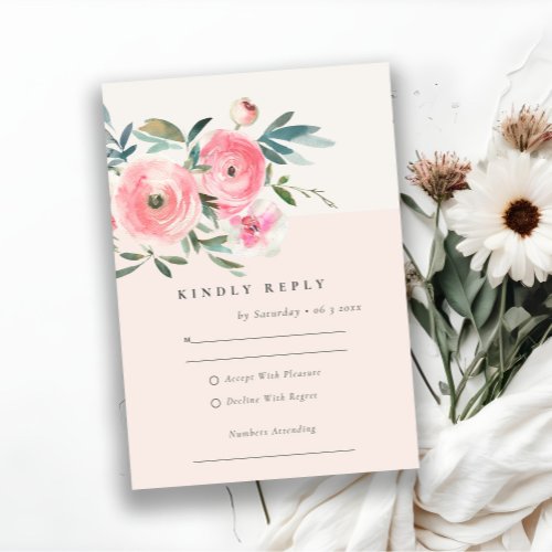 Blush Pink Rose Orchid Watercolor Floral Wedding RSVP Card