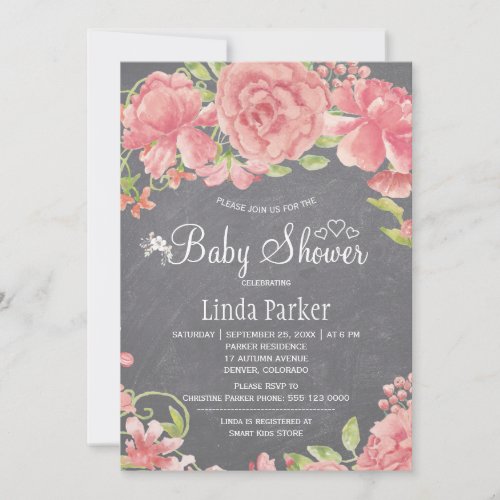 Blush pink rose peonies chalkboard baby shower invitation