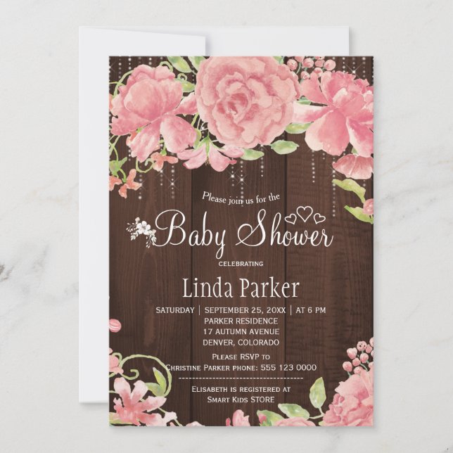 Blush pink rose peonies twinkle lights baby shower invitation (Front)