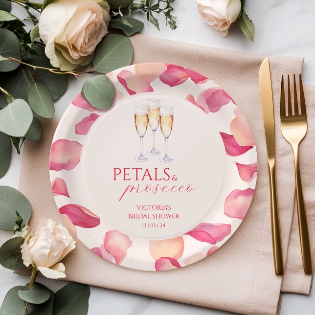 Blush Pink Rose Petals and Prosecco Bridal Shower Paper Plates (Creator Uploaded)