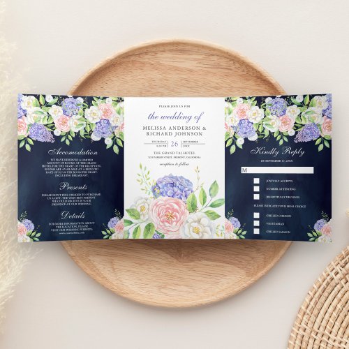 Blush Pink Rose Purple Hydrangea Navy Blue Wedding Tri_Fold Invitation