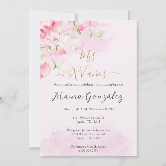 Blush pink rose quinceañera invitation (Front)