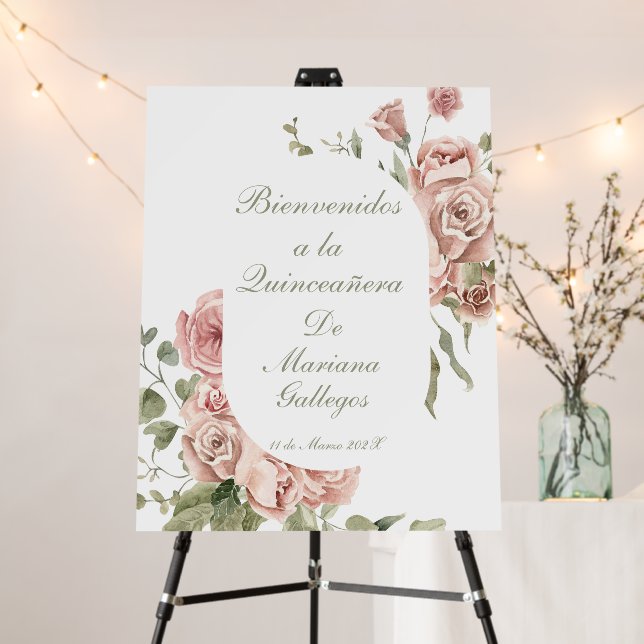 Blush pink rose Quinceanera welcome sign  (In Situ (Stand))